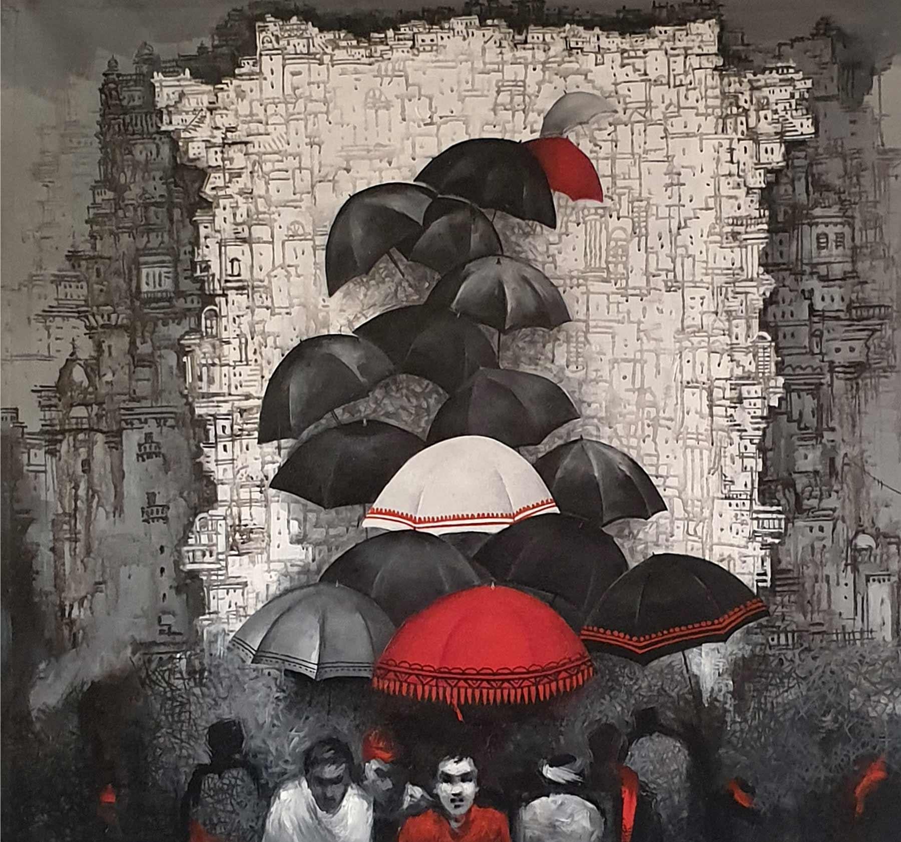 The Rains of Kolkata, Stadtlandschaft, Acryl auf Leinwand des indischen Künstlers „Auf Lager“ – Painting von Dilip Chaudhury