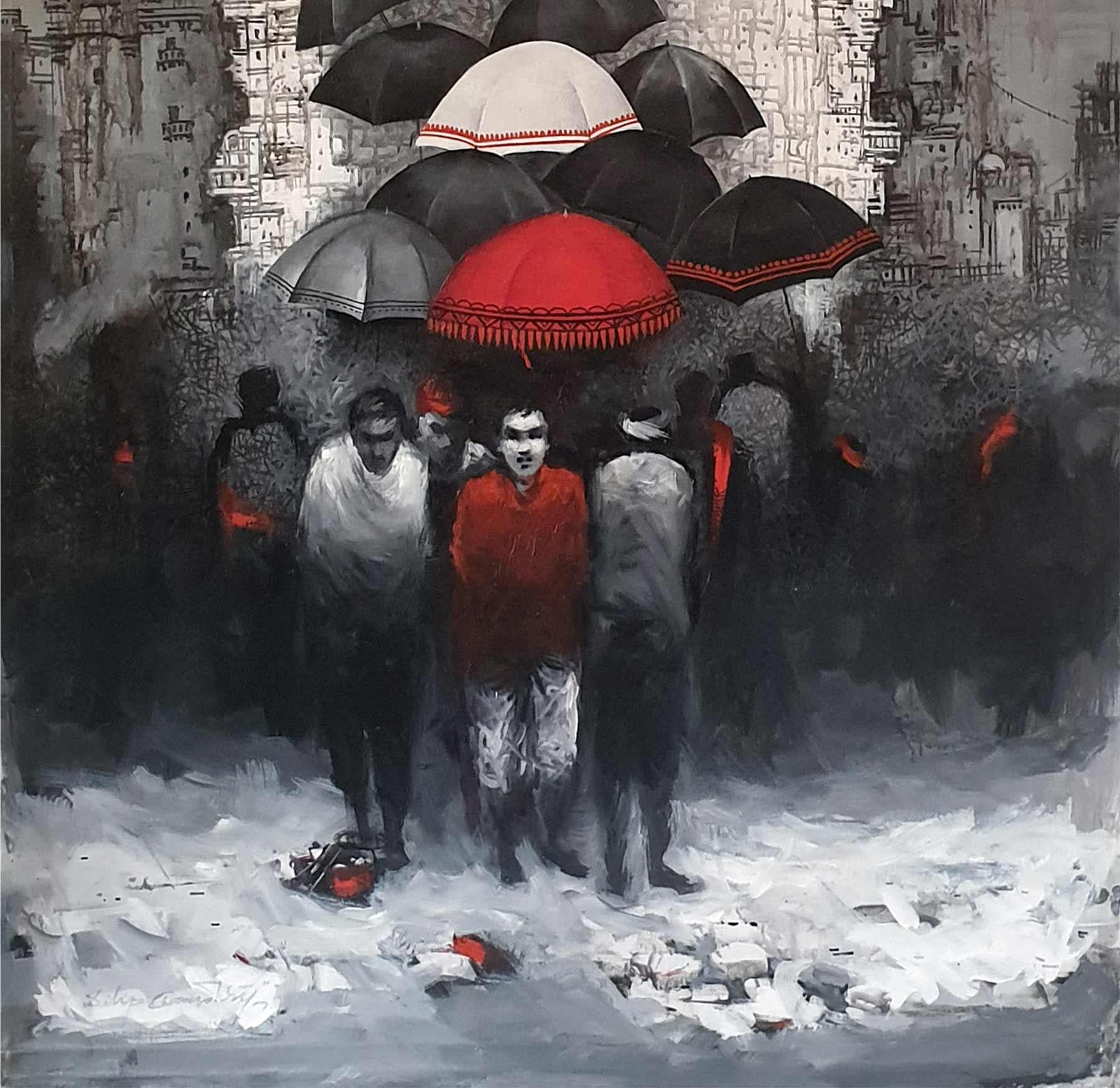 The Rains of Kolkata, Stadtlandschaft, Acryl auf Leinwand des indischen Künstlers „Auf Lager“ (Schwarz), Figurative Painting, von Dilip Chaudhury