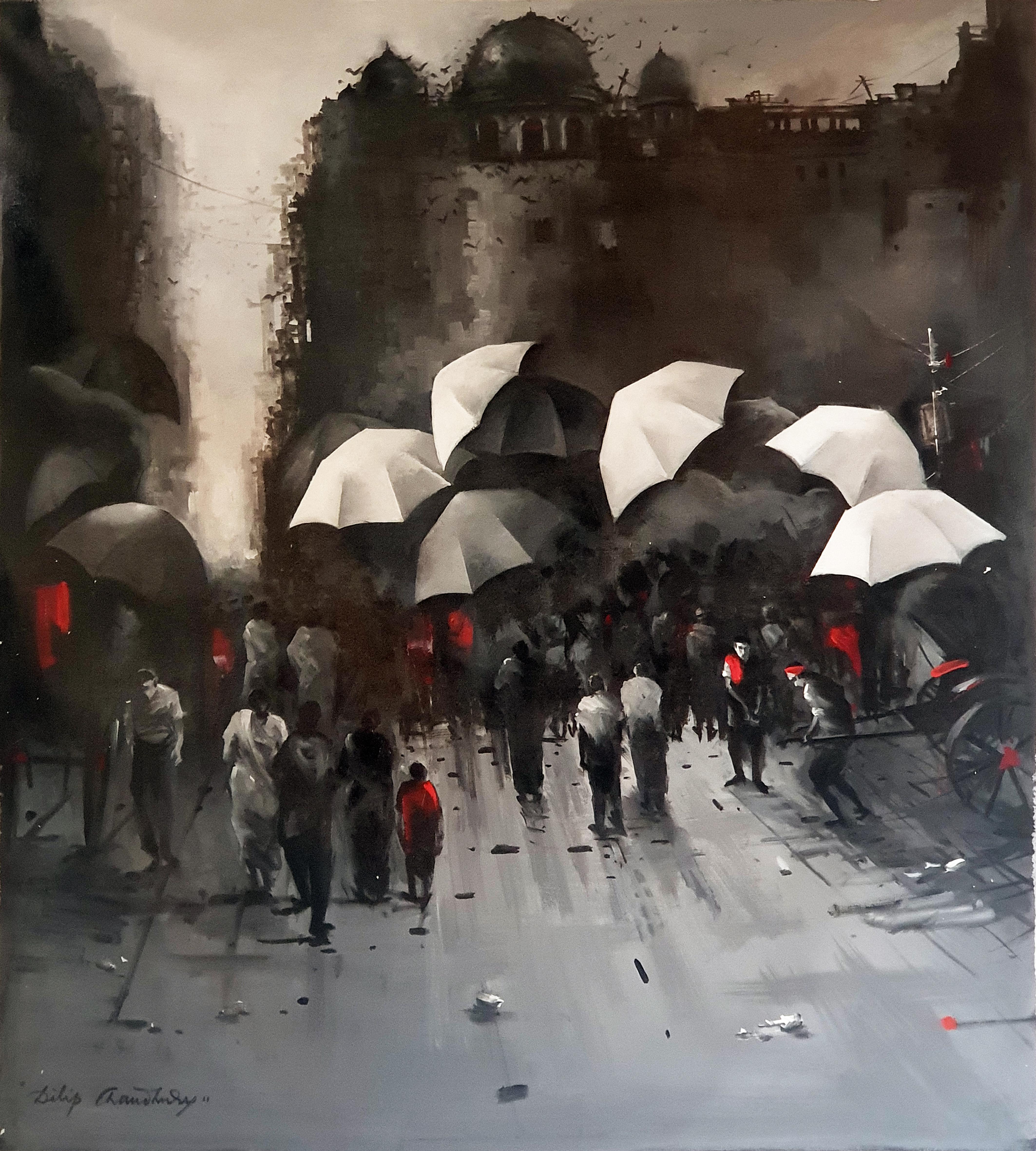 Dilip Chaudhury Figurative Painting – Kolkata Street, Rainyday, Acryl auf Leinwand, Rot, Schwarz, indischer Künstler, „Auf Lager“