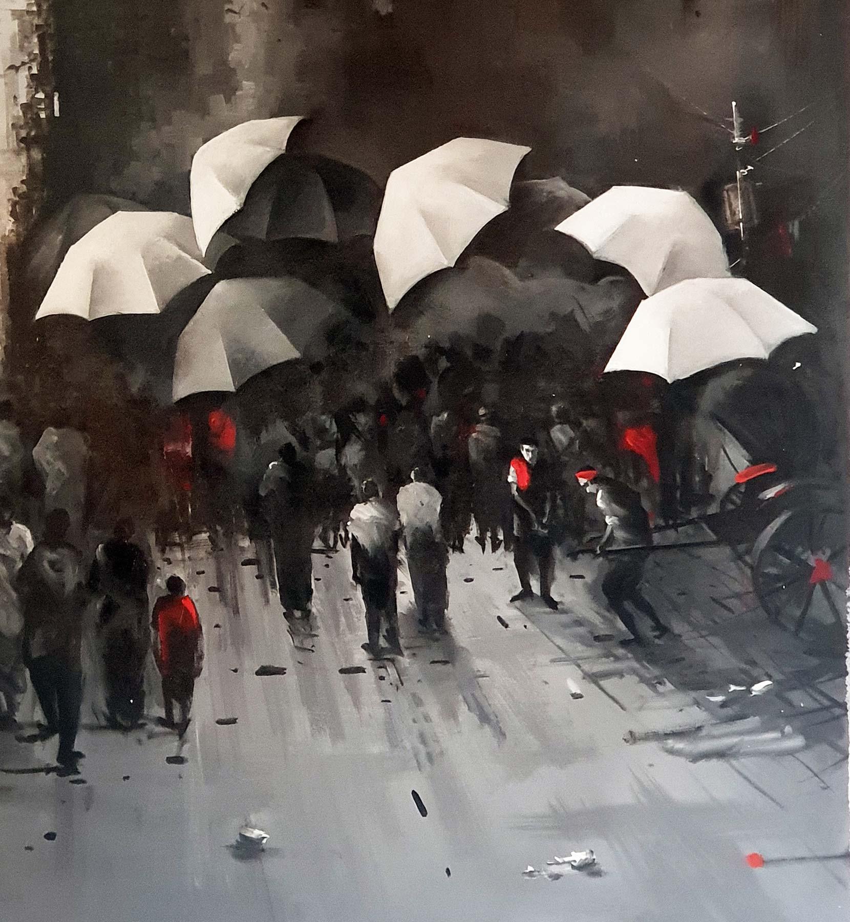 Kolkata Street, Rainyday, Acryl auf Leinwand, Rot, Schwarz, indischer Künstler, „Auf Lager“ – Painting von Dilip Chaudhury