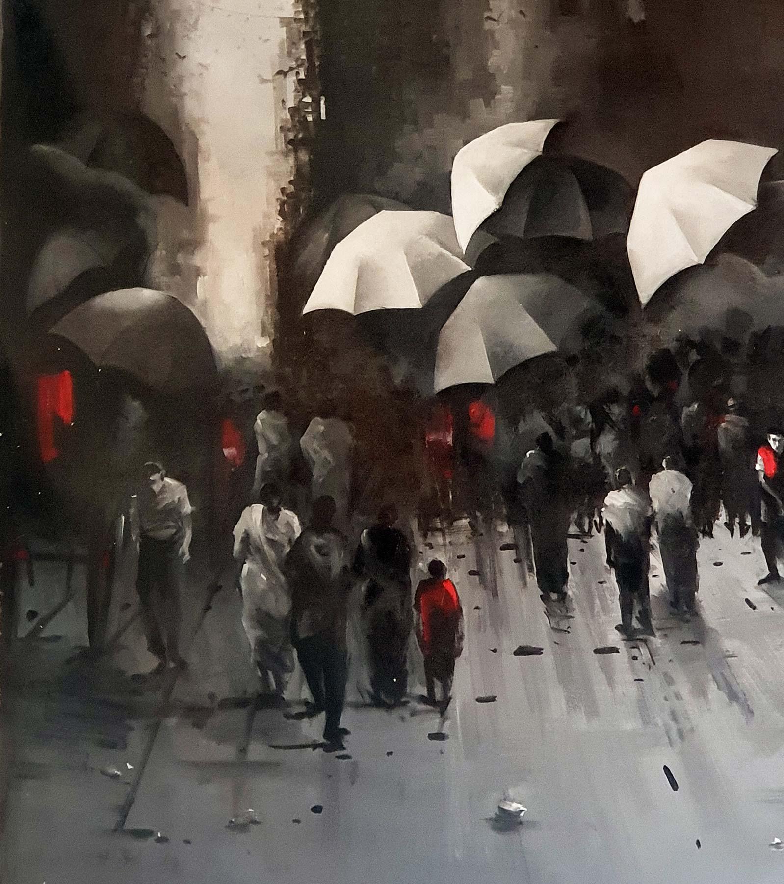 Kolkata Street, Rainyday, Acrylic on Canvas, Red, Black, Indian Artist