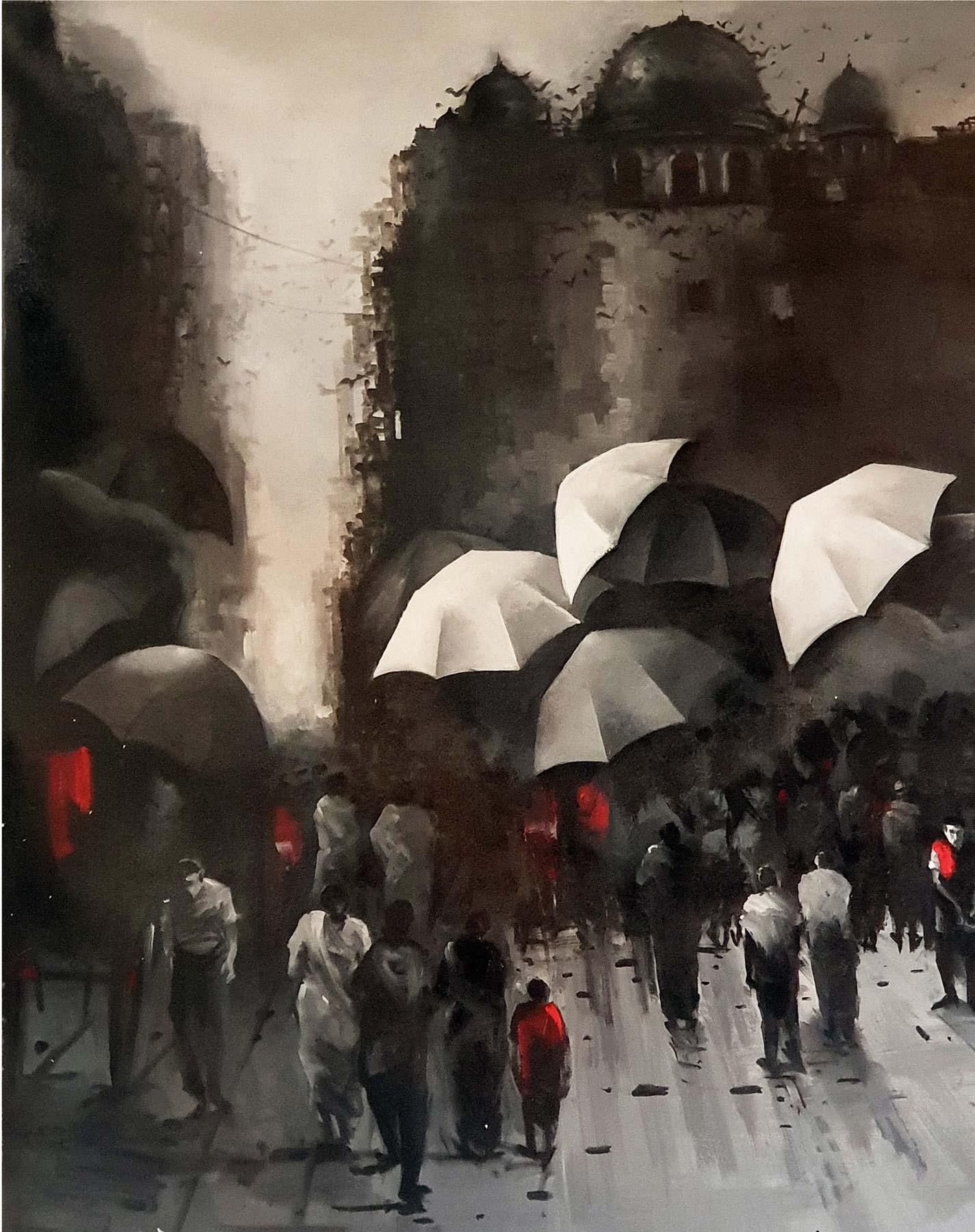 Kolkata Street, Rainyday, Acryl auf Leinwand, Rot, Schwarz, indischer Künstler, „Auf Lager“ (Zeitgenössisch), Painting, von Dilip Chaudhury