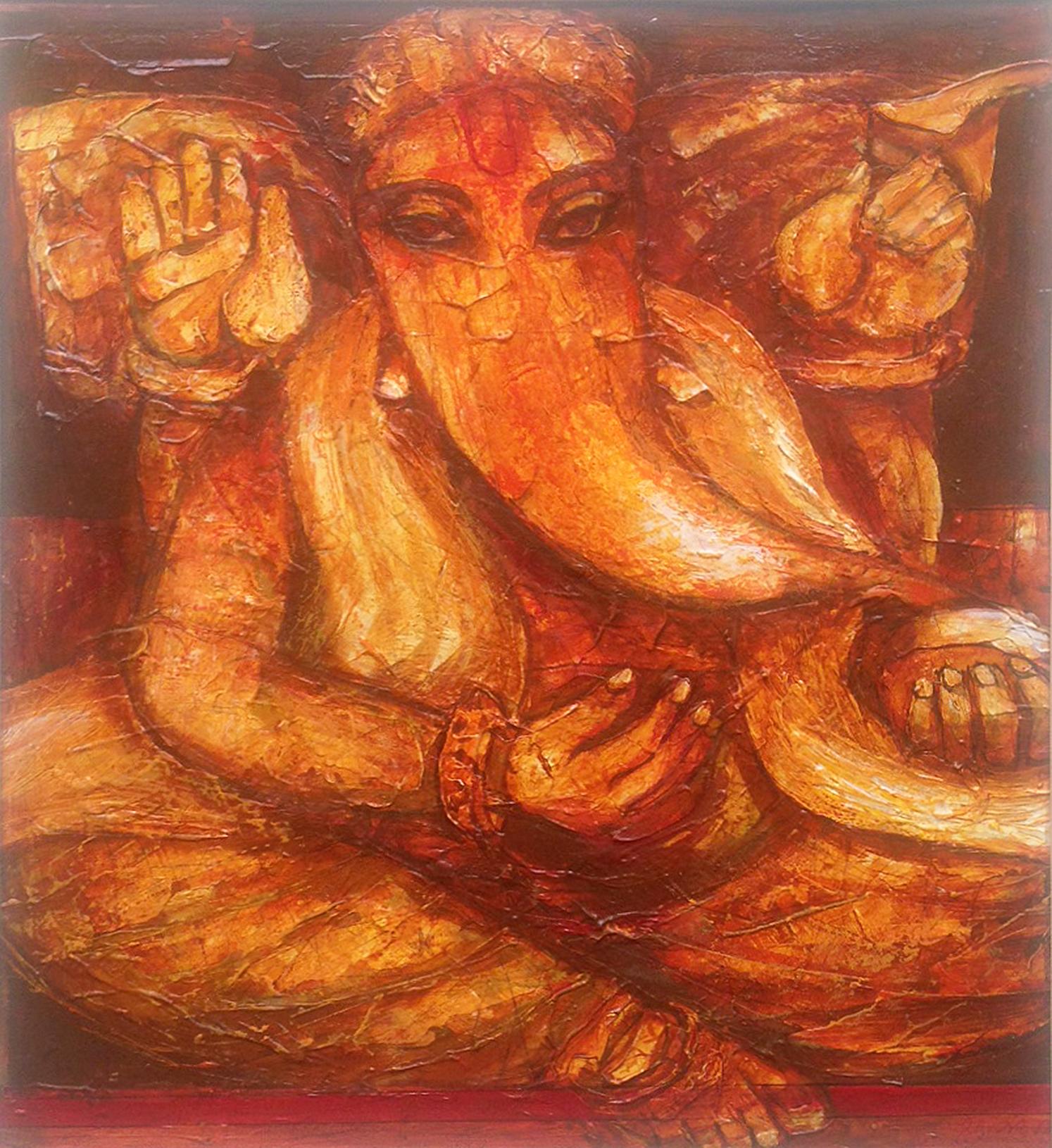 Arup Das Figurative Painting - Ganesha, Hindu God, Mythology, Acrylic on canvas, Red by Indian Artist"In Stock"