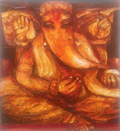 Ganesh, dieu hindou, mythologie, acrylique sur toile, rouge de l'artiste indien « en stock »