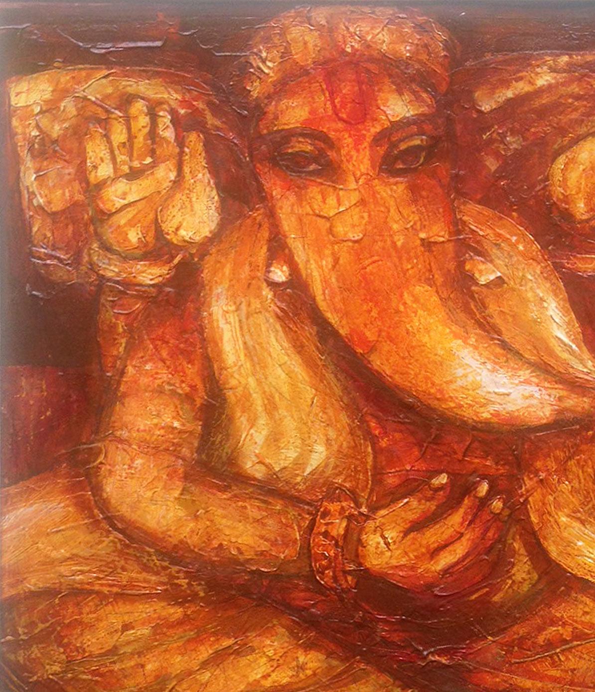 Ganesha, Hindu God, Mythology, Acrylic on canvas, Red by Indian Artist