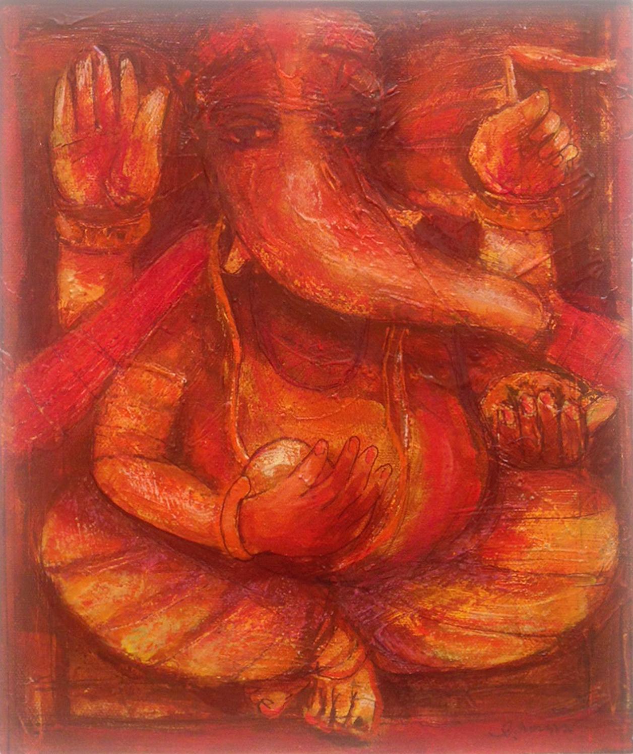 Arup Das Interior Painting - Ganesha, Mythology, Hindu God, Acrylic on canvas, Red by Indian Artist"In Stock"