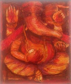 Ganesha Ganesha, Mythologie, hinduistischer Gott, Acryl auf Leinwand, Rot von indischer Künstler „Auf Lager“