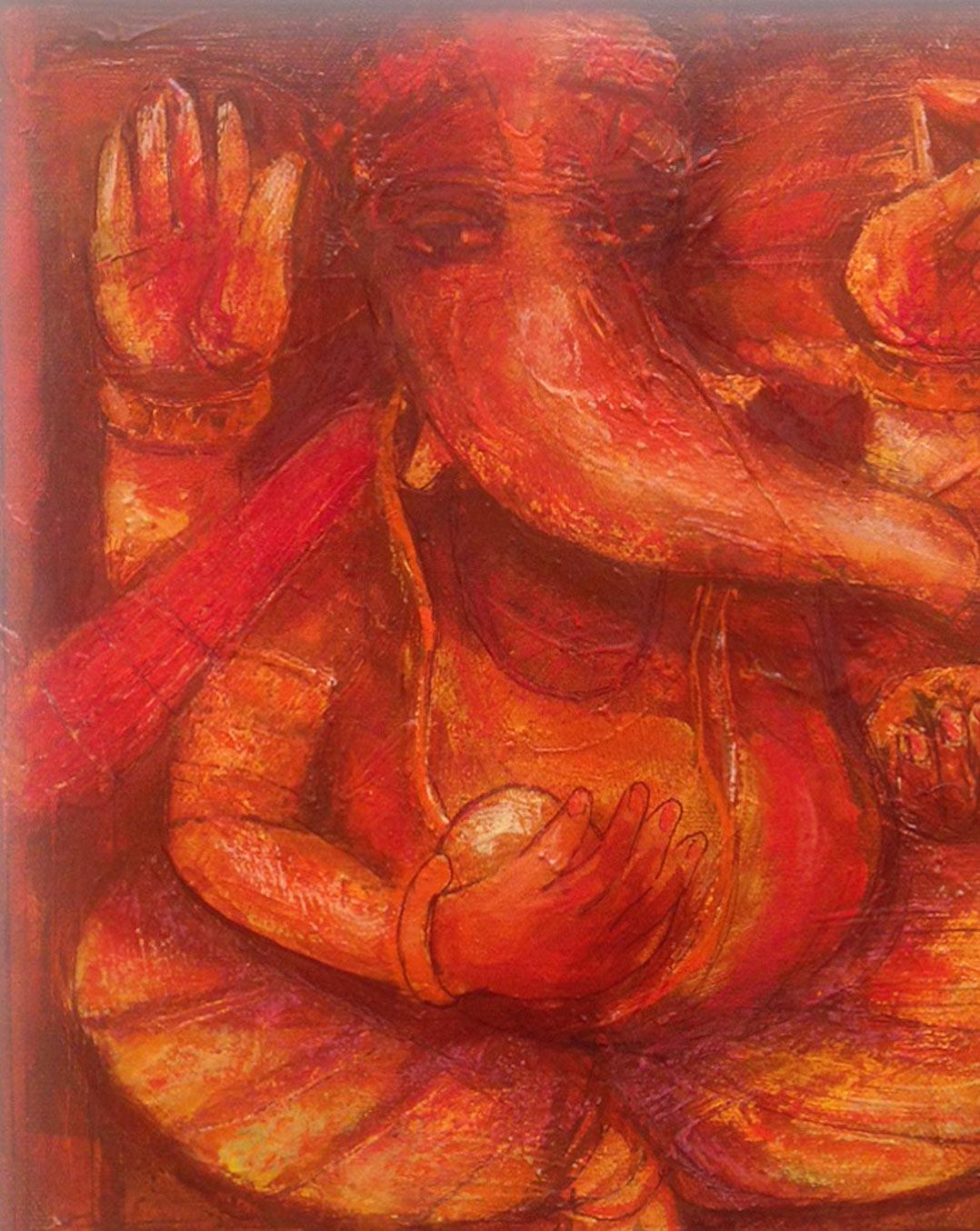Ganesha, Mythology, Hindu God, Acrylic on canvas, Red by Indian Artist