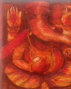 Ganesha, Mythology, Hindu God, Acrylic on canvas, Red by Indian Artist"In Stock"
