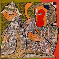 Hanuman, Gandhmadan Parvat, Mythology, Acrylic on Canvas, Red, Orange "In Stock"