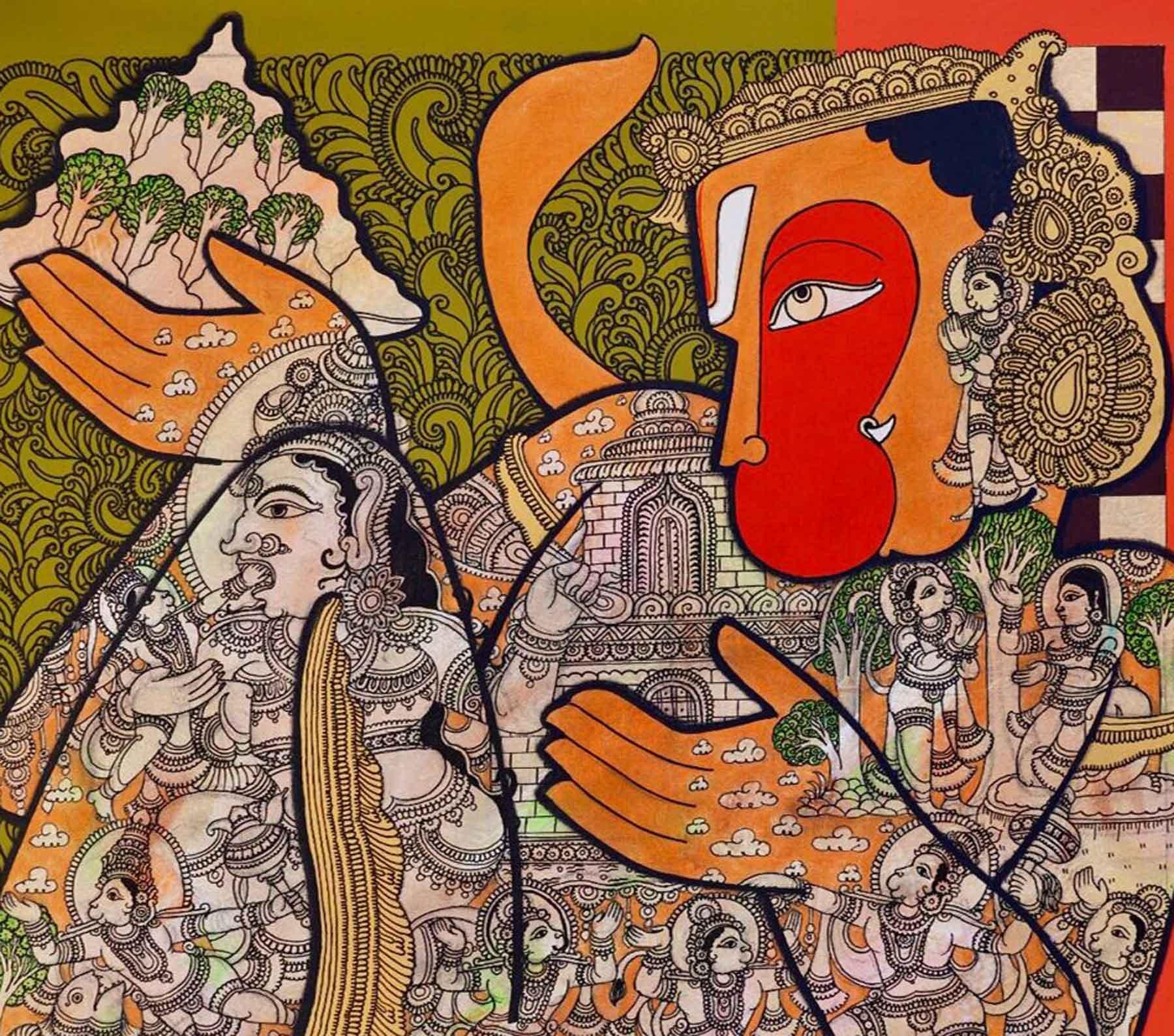 Hanuman, Gandhmadan Parvat, Mythology, Acrylic on Canvas, Red, Orange 