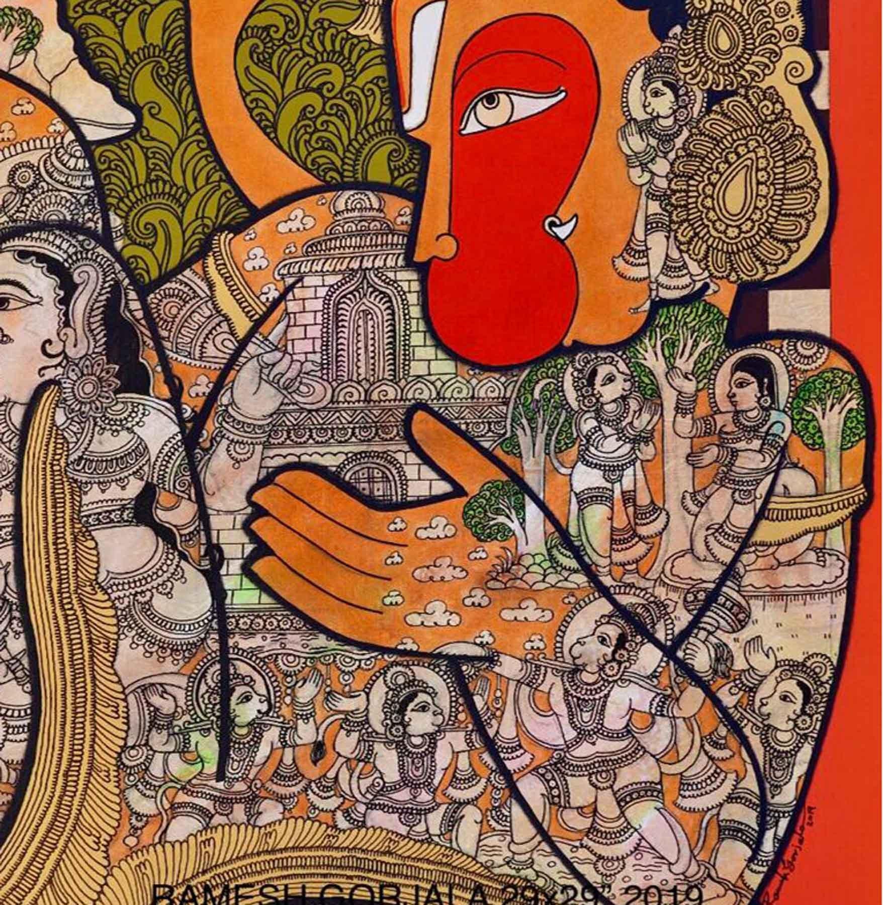 Hanuman, Gandhmadan Parvat, Mythology, Acrylic on Canvas, Red, Orange 