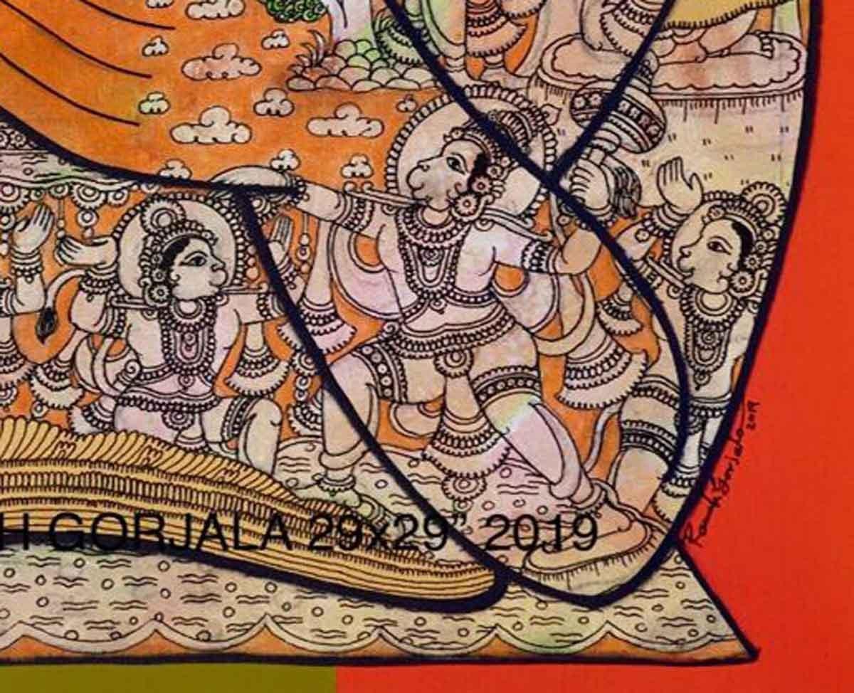 Ramesh Gorjala - Hanuman - 29 x 29 inches (unframed size)
Acrylic on Canvas
Inclusive of shipment in roll form.

Ramesh Gorjala is a master artist who shot to fame for his amazing handling of his subjects. His works steeped in Indian mythology