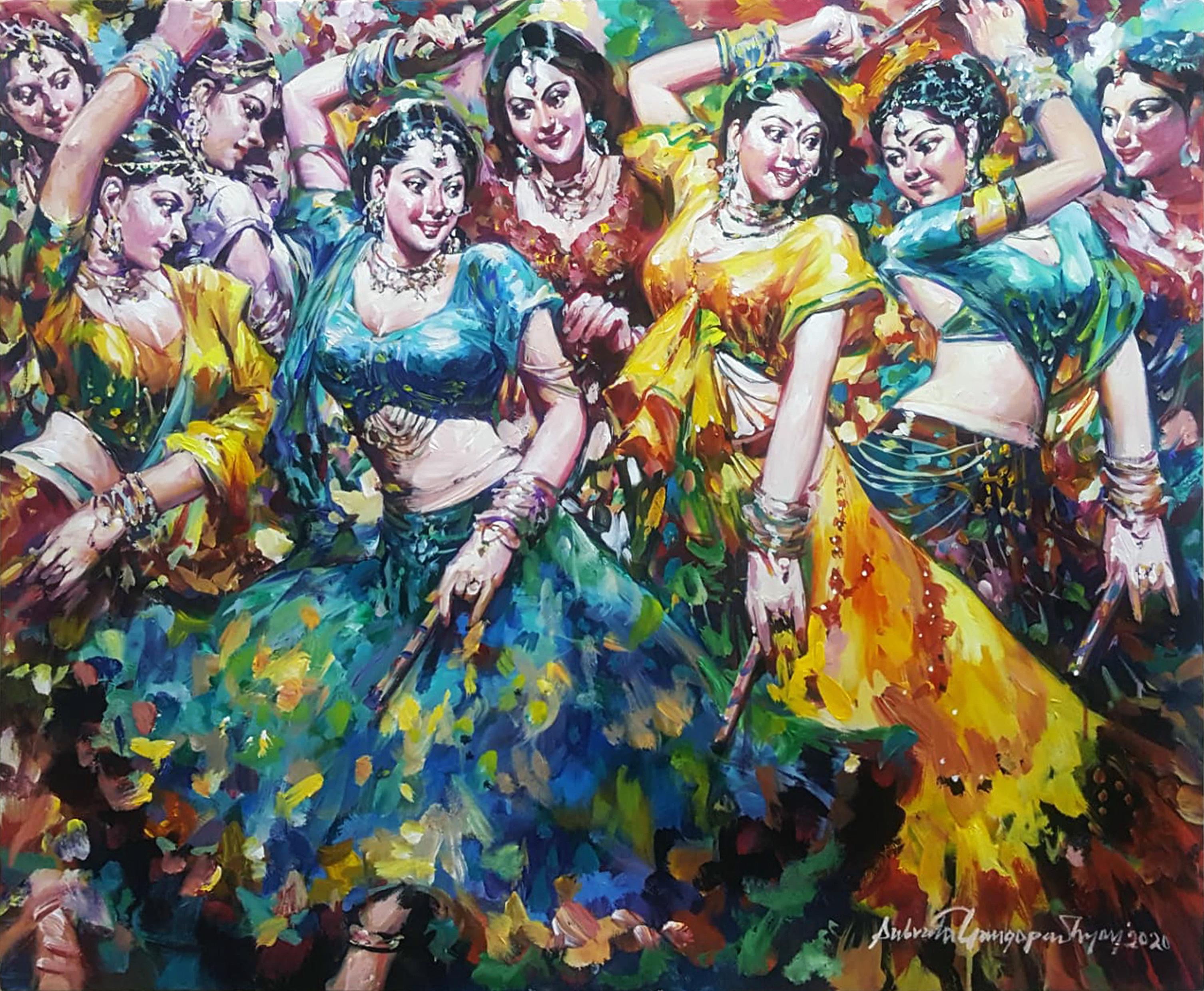 Dandia Raas, Festival, Acrylic on Canvas, Blue,Yellow by Indian Artist"In Stock"