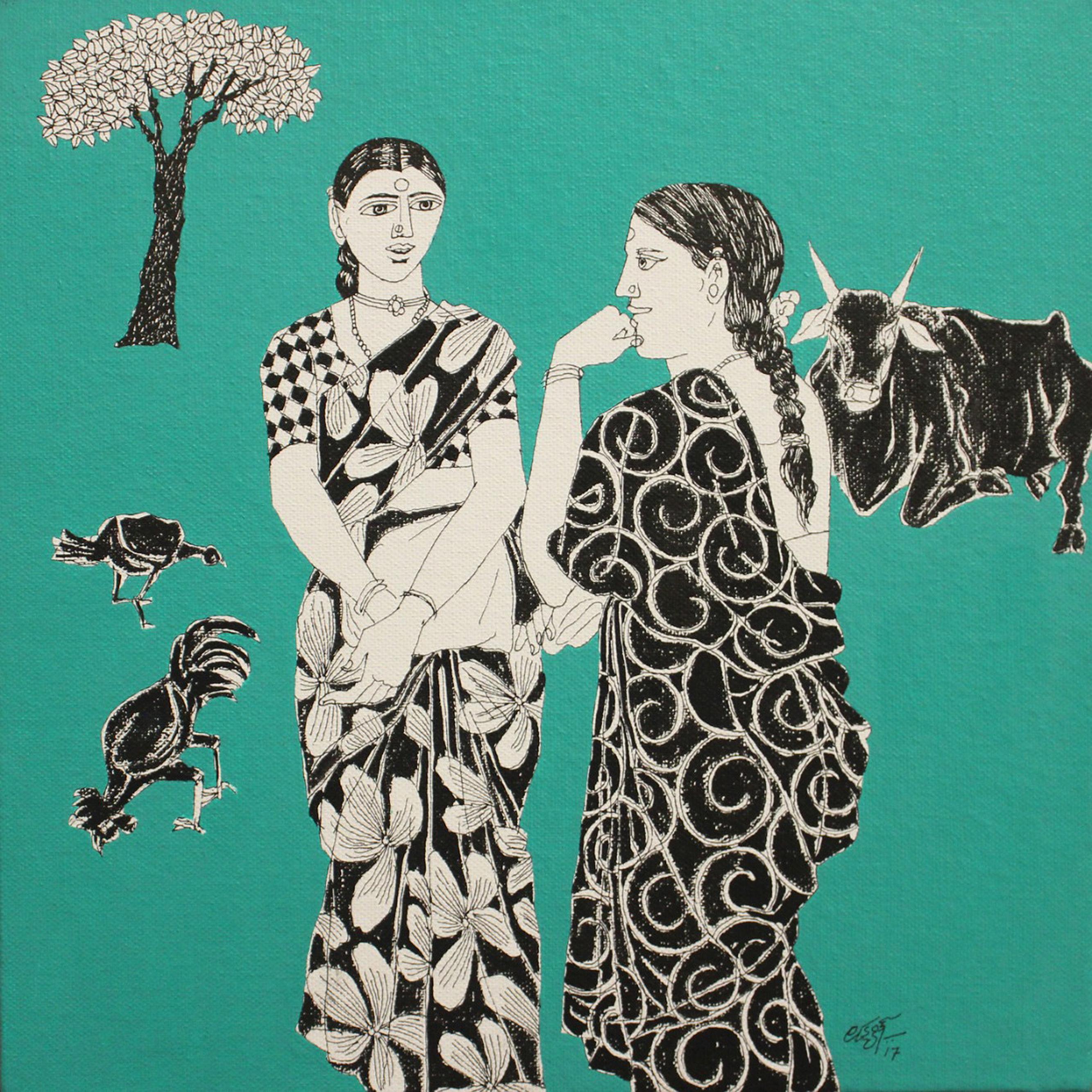 Laxman Aeley Portrait Painting - Village Women, Gossip, Acrylic on Canvas, Red by South Indian Artist "In Stock"