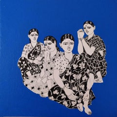 Used Women in Saree, Indian Village,  Acrylic Ink On Canvas, Blue & Black  "In Stock"