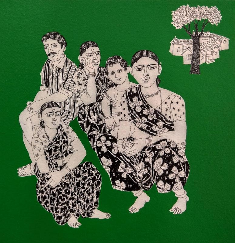 Laxman Aeley Portrait Painting - Indian Village People, Acrylic Ink On Canvas, Green White & Black  "In Stock"