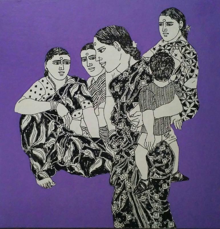 Laxman Aeley Portrait Painting - Indian Village Women & Children, Ink On Canvas, Purple, White & Black  "In Stock"