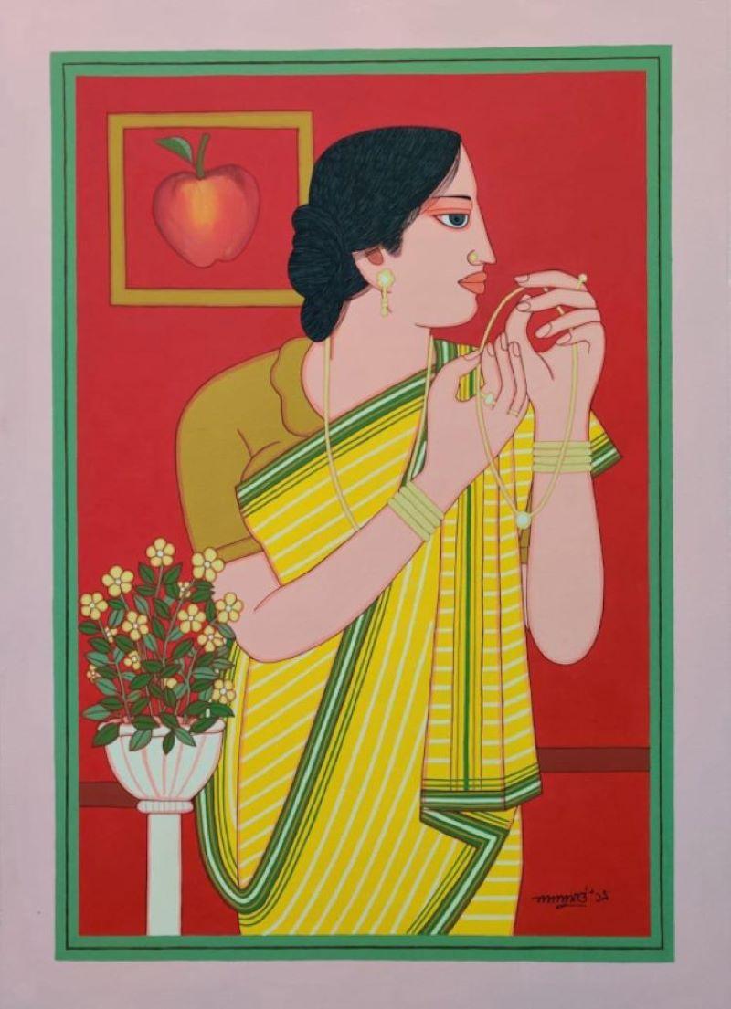 Lalu Prasad Shaw Portrait Painting - Indian Bengali Woman in a Saree with Flowers, Tempera , Red Color "In Stock"