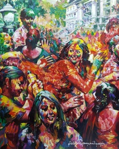 Indian Women, Men & Children playing on the streets Red, Yellow colors"In Stock"