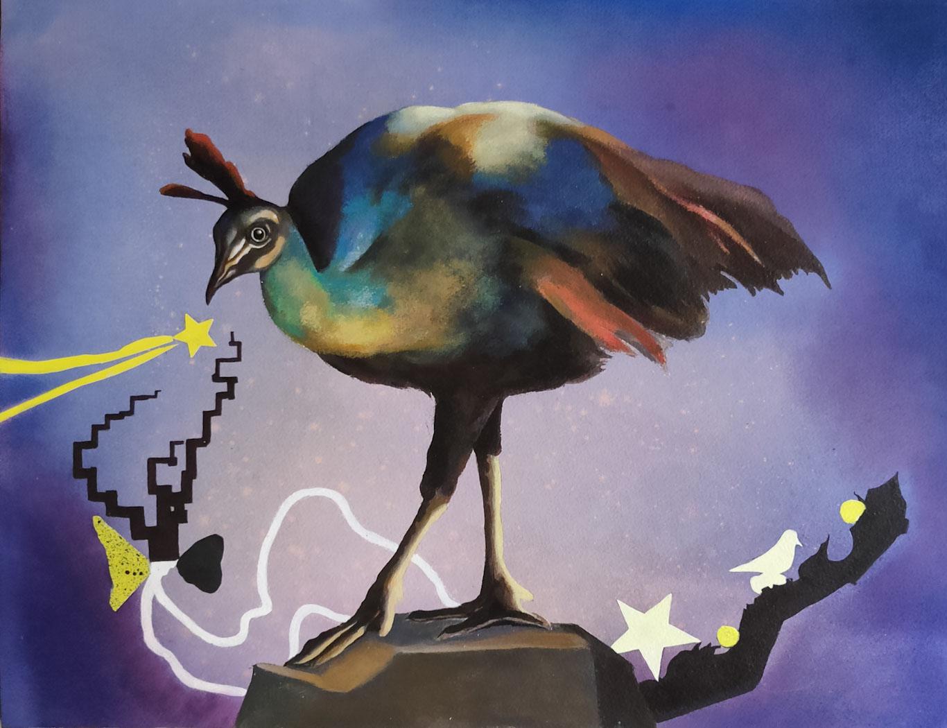 Prashant Salvi Animal Painting – Playing with the Star, Aquarell, Acryl, Trocken pastellfarbene Collage auf Papier „“Stock“