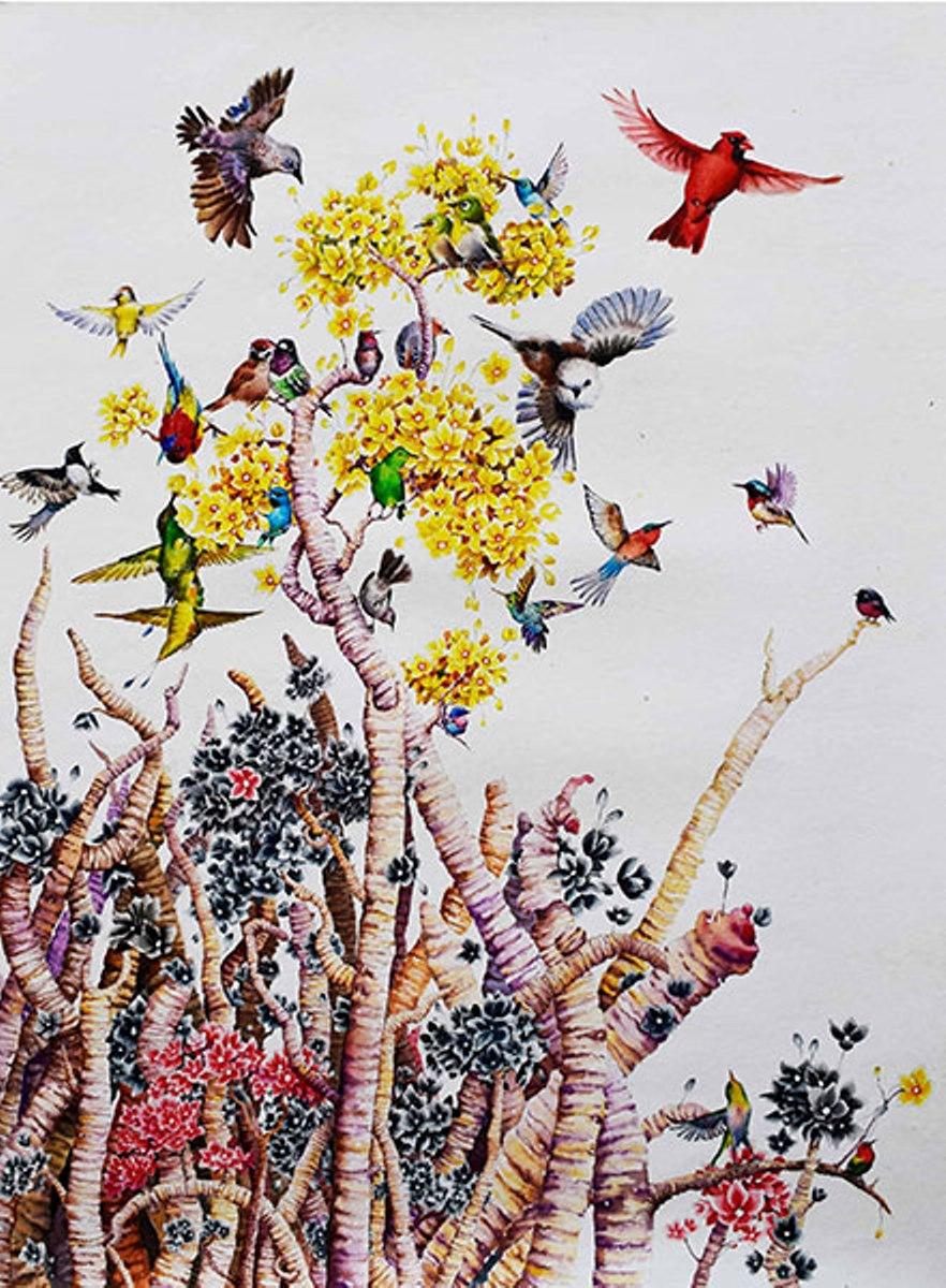 Bikash Pradhan Animal Art - Landscape, Flowers , Trees and Birds Watercolour on Paper, Yelllow, Purple Color