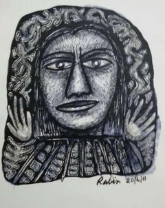 Face, Ink on Paper, Black & White Colors by Modern Indian Artist "In Stock"