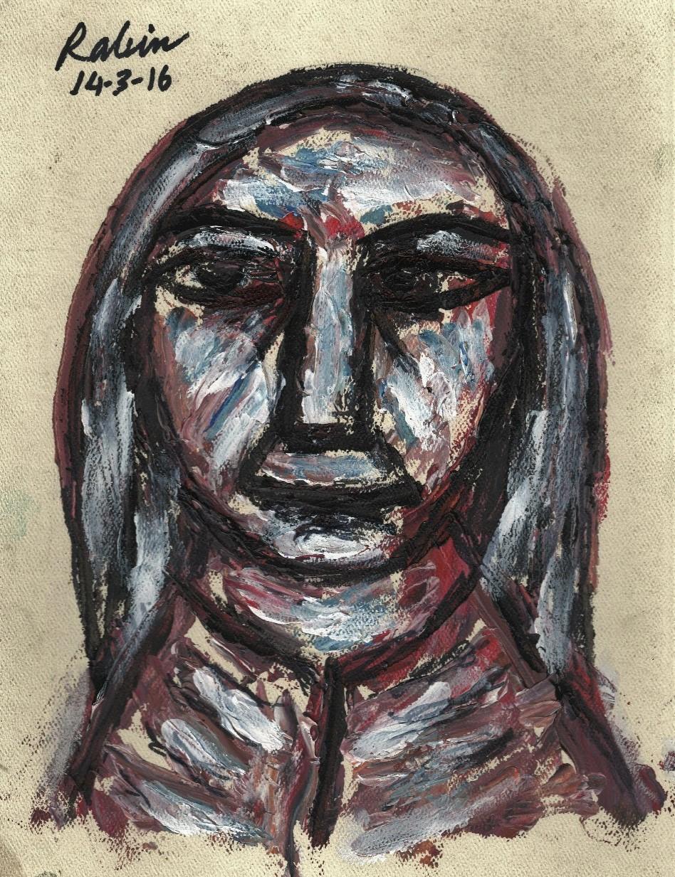 Rabin Mondal Figurative Painting - Lady, Acrylic on Board, Brown, Red, Blue by Indian Modern Artist "In Stock"