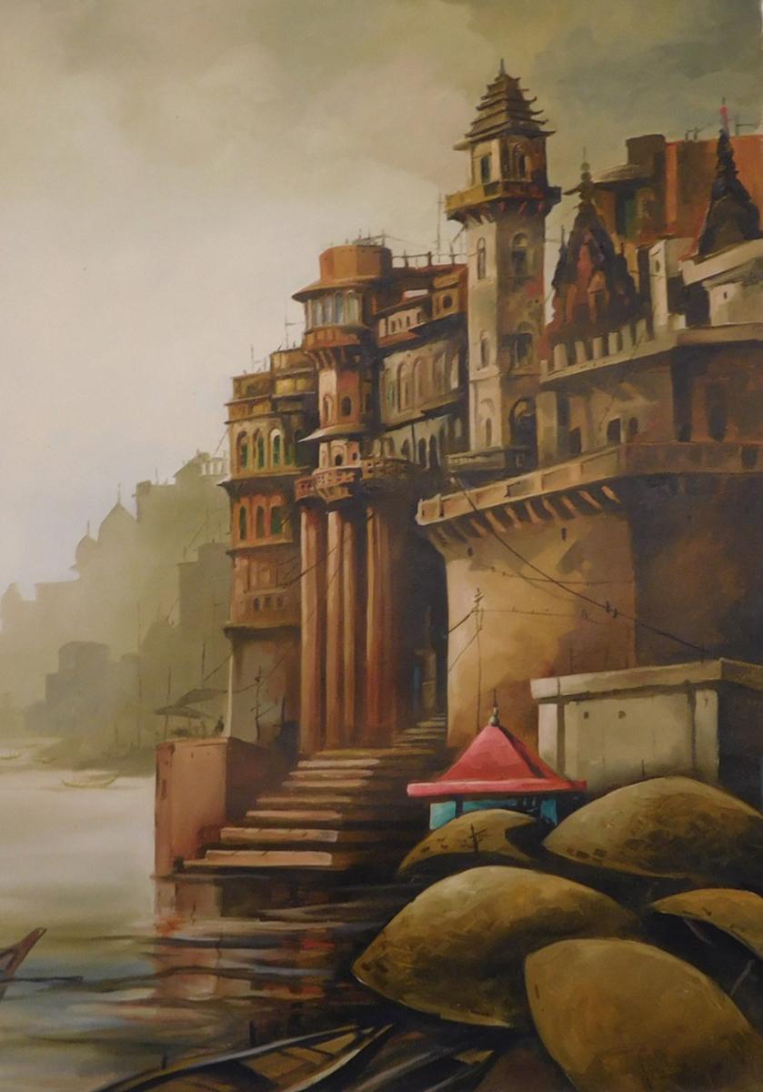 Banaras, huile sur toile, jaune, rouge, couleurs par l'artiste Contemporary 