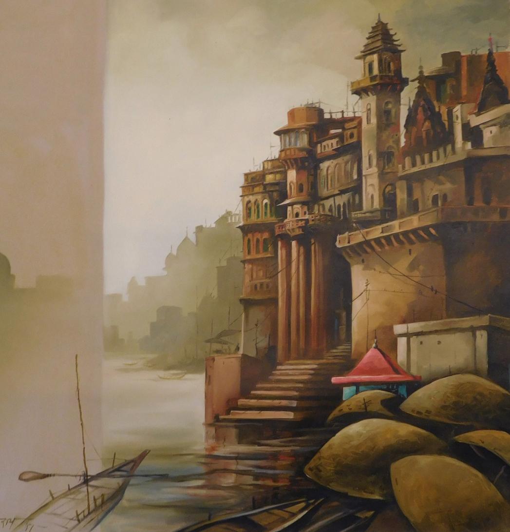 Banaras, huile sur toile, jaune, rouge, couleurs par l'artiste Contemporary 