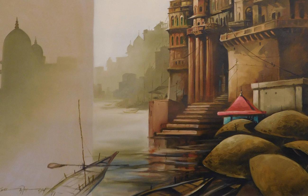 Sudip Roy - Banaras - 48 x 50 pouces (format non encadré)
Huile sur toile
Il sera livré sous forme de rouleau.

Style : La force de Sudip Roy réside dans son rendu réaliste des choses de la vie quotidienne. Il s'inspire des personnes et des objets