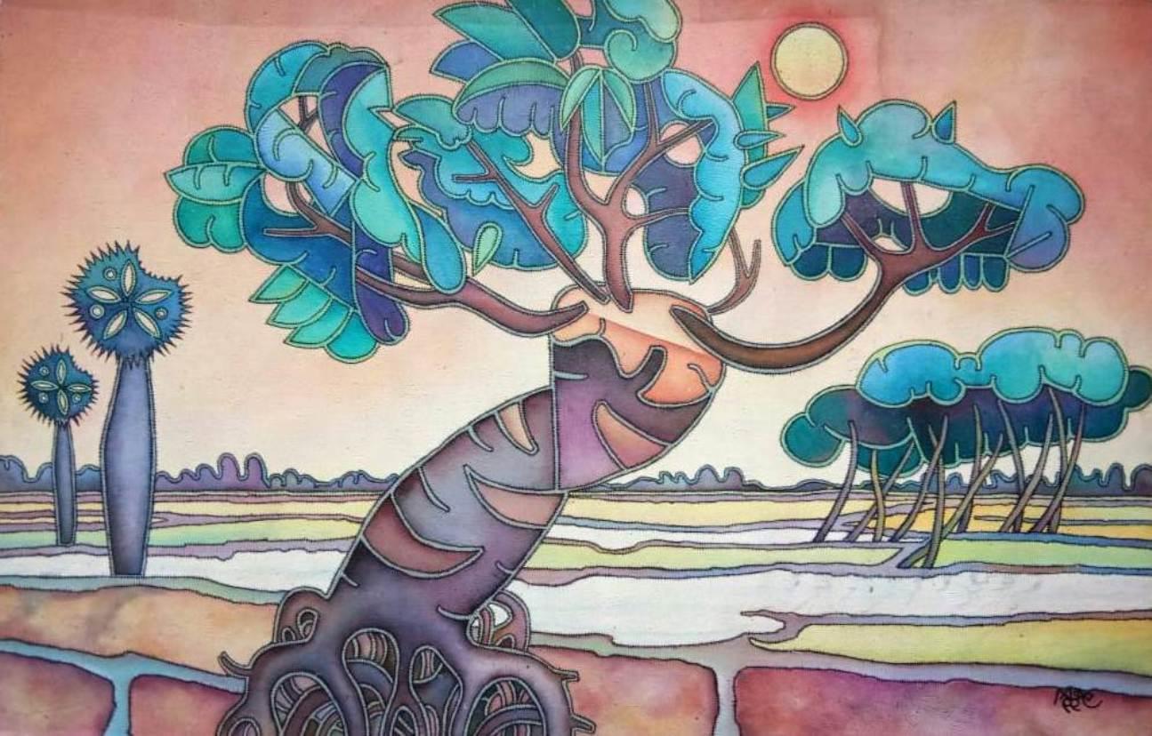 Paysage, acrylique sur toile, bleu, vert, marron, artiste du Bengale « En stock »