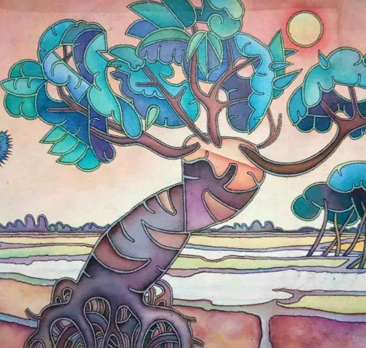 Paysage, acrylique sur toile, bleu, vert, marron, artiste du Bengale « En stock » - Art de Prokash Karmakar