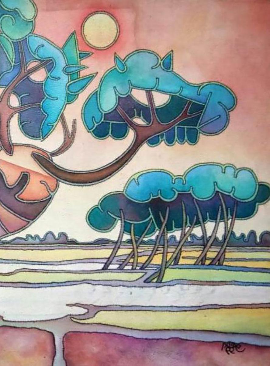 Paysage, acrylique sur toile, bleu, vert, marron, artiste du Bengale « En stock » - Gris Landscape Art par Prokash Karmakar