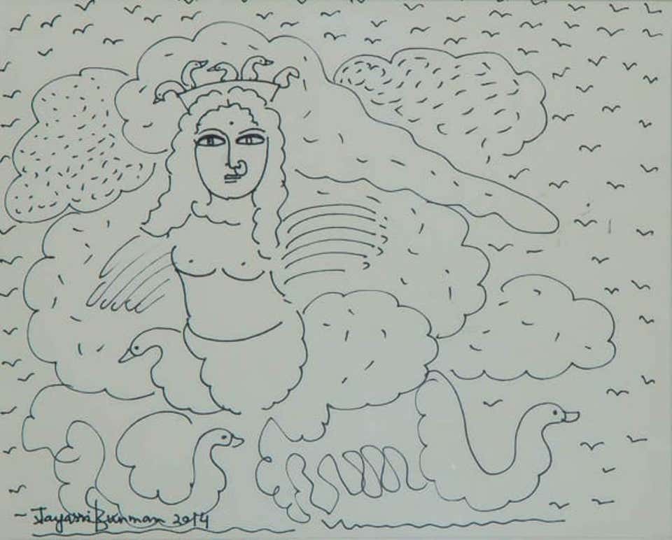 Woman, Ceremonial bird, Ink on Paper by Indian Contemporary Artist “In Stock”