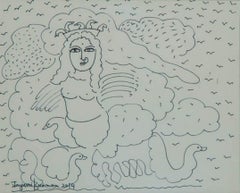 Woman, Ceremonial bird, Ink on Paper by Indian Contemporary Artist “In Stock”