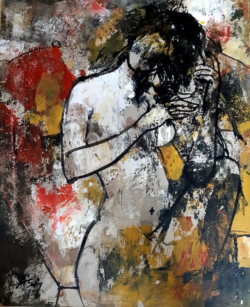 Ashit Sarkar Nude Painting – Nackte Frau, Acryl auf Leinwand, Rot, Gelb, Schwarz von Indischer Künstler "Auf Lager"