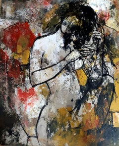 Nude Woman, Acrylic on Canvas, Red, Yellow, Black by Indian Artist "In Stock"