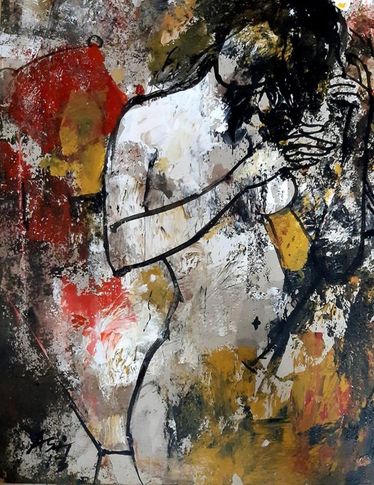 Femme nue, acrylique sur toile, rouge, jaune, noire de l'artiste indienne « en stock » - Painting de Ashit Sarkar
