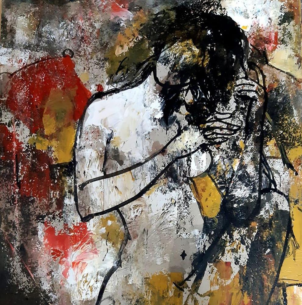 Femme nue, acrylique sur toile, rouge, jaune, noire de l'artiste indienne « en stock » - Contemporain Painting par Ashit Sarkar