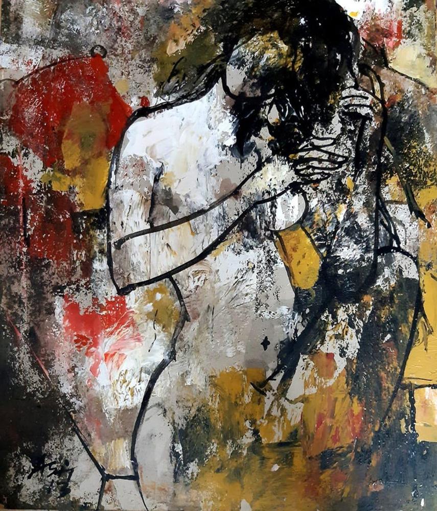 Femme nue, acrylique sur toile, rouge, jaune, noire de l'artiste indienne « en stock » - Noir Nude Painting par Ashit Sarkar