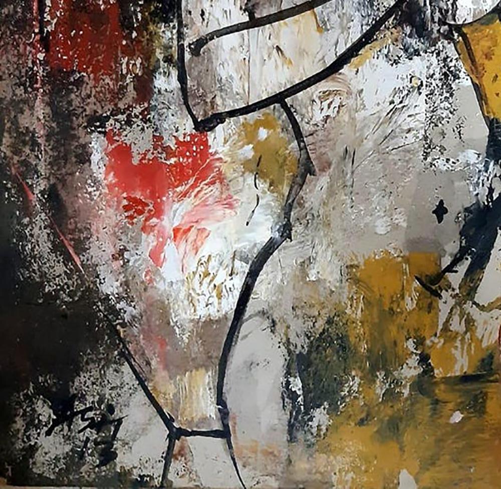 Femme nue, acrylique sur toile, rouge, jaune, noire de l'artiste indienne « en stock » en vente 2