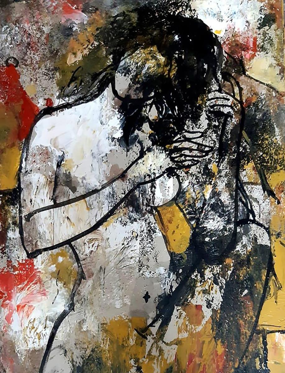 Femme nue, acrylique sur toile, rouge, jaune, noire de l'artiste indienne « en stock » en vente 1