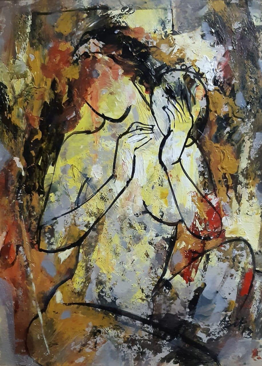 Nude Painting Ashit Sarkar - Femme nue, acrylique sur toile, rouge, jaune, marron par l'artiste indienne « En stock »