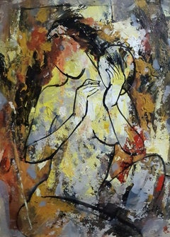 Nude Woman, Acrylic on Canvas, Red, Yellow, Brown by Indian Artist "In Stock"