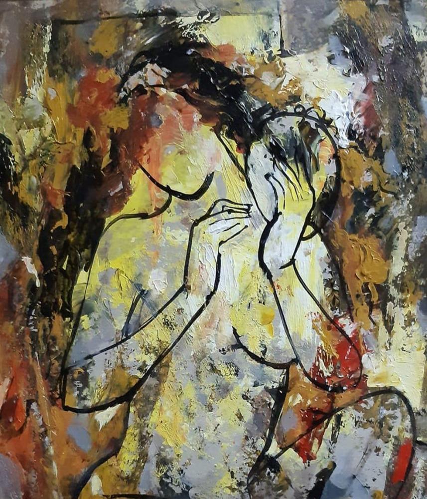 Femme nue, acrylique sur toile, rouge, jaune, marron par l'artiste indienne « En stock » - Painting de Ashit Sarkar