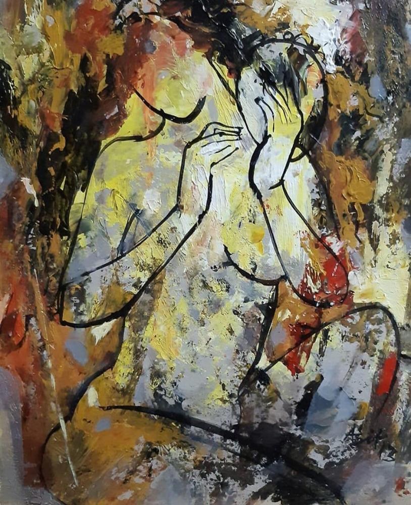 Nude Frau, Acryl auf Leinwand, Rot, Gelb, Braun von indischer Künstlerin, „Auf Lager“ (Zeitgenössisch), Painting, von Ashit Sarkar