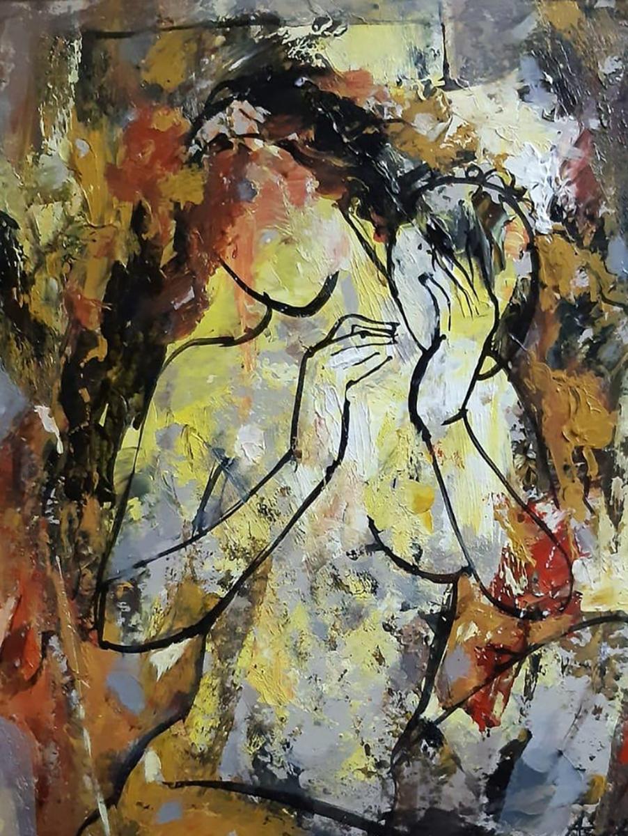 Femme nue, acrylique sur toile, rouge, jaune, marron par l'artiste indienne « En stock » - Marron Nude Painting par Ashit Sarkar