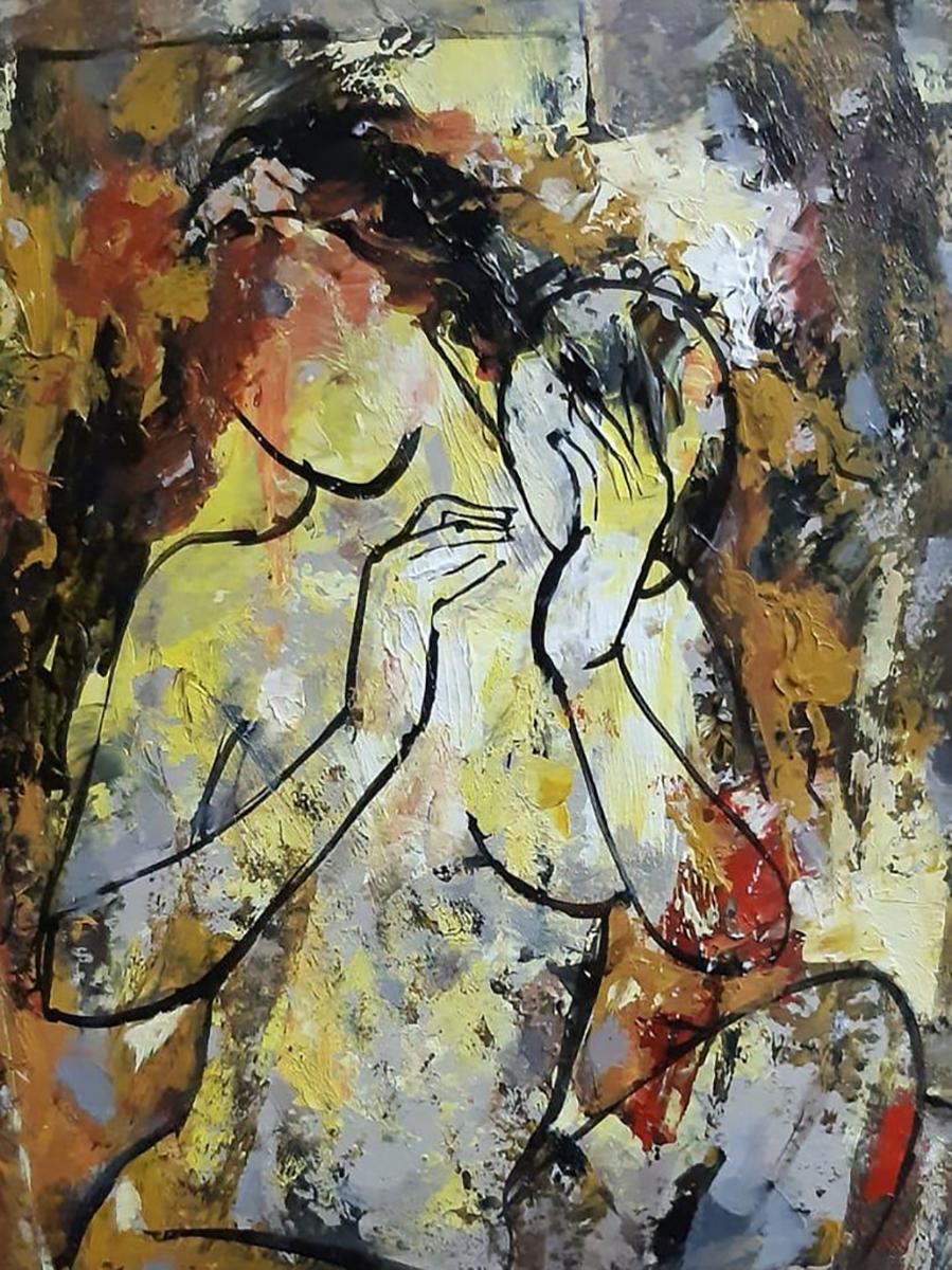 Nude Frau, Acryl auf Leinwand, Rot, Gelb, Braun von indischer Künstlerin, „Auf Lager“ im Angebot 2