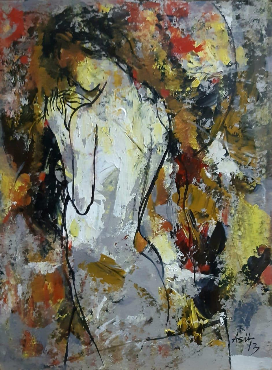 Figurative Painting Ashit Sarkar - Femme nue, acrylique sur toile, rouge, jaune, marron, artiste contemporaine, « en stock »